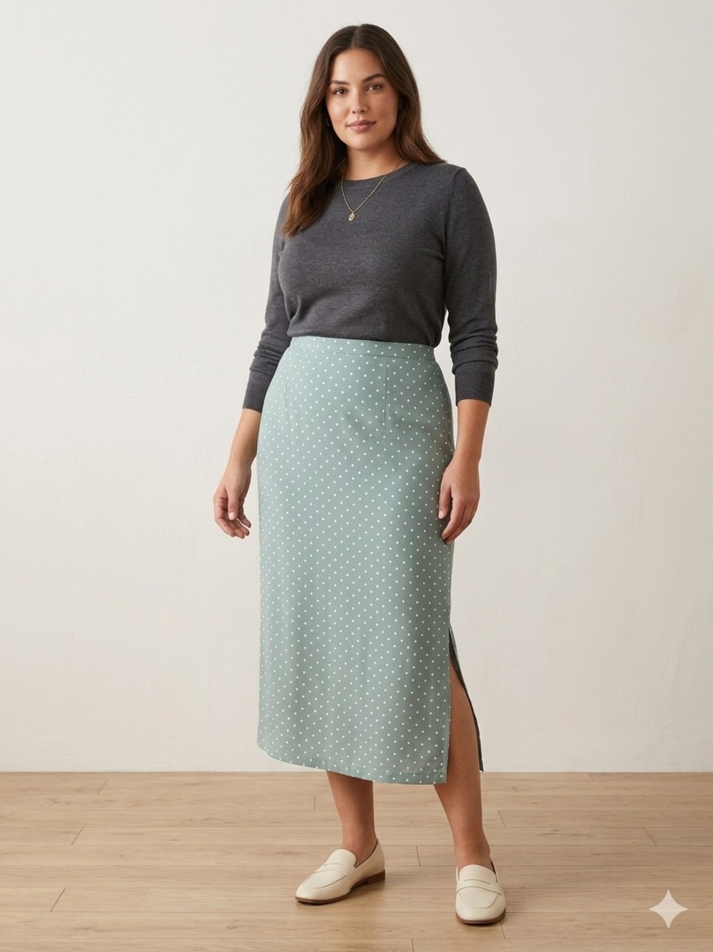 Vintage Liz Claiborne Polka Dot Midi Skirt Sage Green Rayon Blend XL PARIS LEC